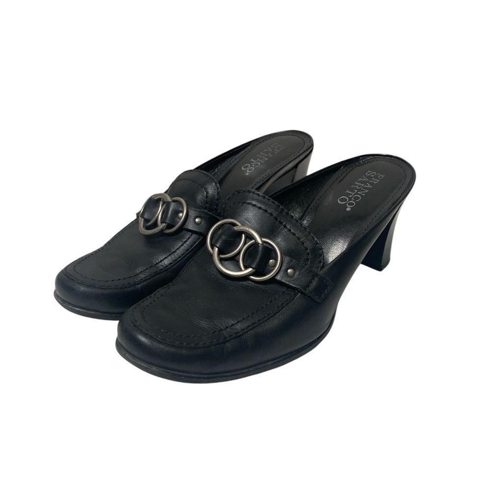 Franco Sarto Black Leather Mule Heels Horsebit Loafer Slide Size 7.5 M